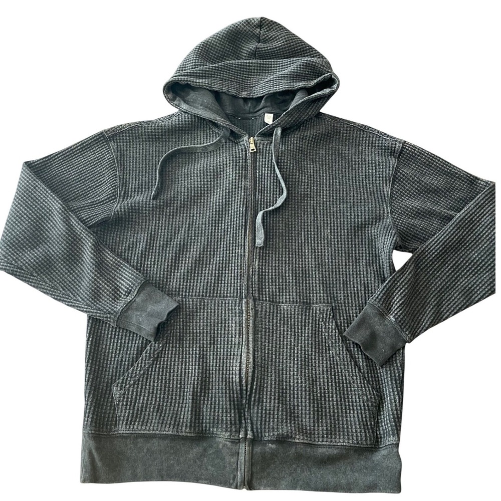 Mens Charcoal Grey Waffle Knit Thermal Full Zip Hoodie Sweatshirt XS